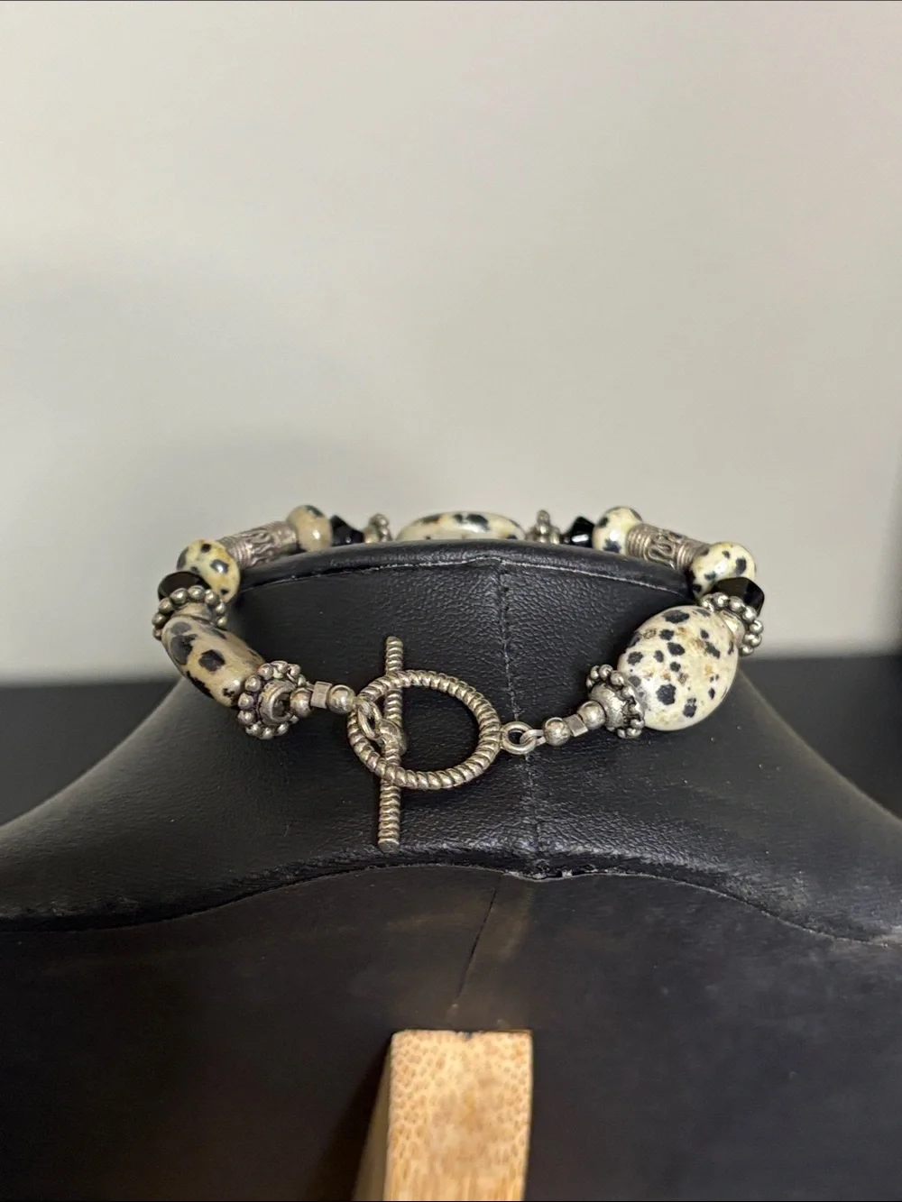 Handcrafted Dalmatian Jasper Stone Beaded Toggle Bracelet - Black Cream